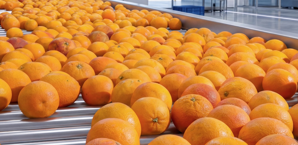Oranges on repacking conveyor at Carson Cold Storage